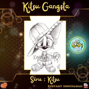 May include: A black and white digital illustration of a cartoon character wearing a backwards baseball cap, a necklace, and large shoes. The character has large ears and a sad expression. The text "Kitsu Gangsta" is at the top of the image and "Série : Kitsu" is at the bottom of the image.