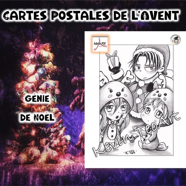 Génie de Noël / Cartes Postales de l'Avent / Format A6 / Grayscale Illustration / Coloring Page / Download Printable File (PDF)