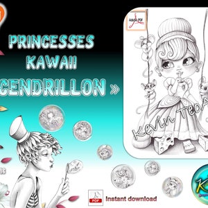 Pack Princesses Kawaii 2 / Kevin TeoArt / Page de coloriage / Grayscale Illustration image 2