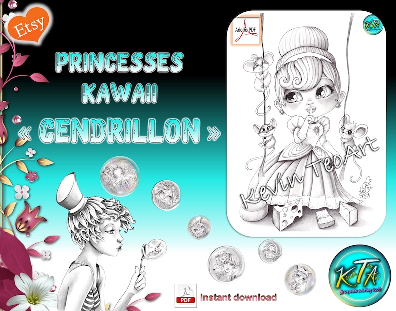 Pack Princesses Kawaii 2 / Kevin TeoArt / Page de coloriage / Grayscale Illustration imagem 2