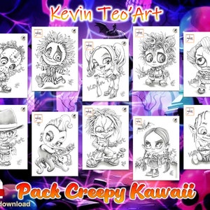 Pack Creepy Kawaii / Kevin TeoArt / Page de coloriage / Grayscale Illustration image 1