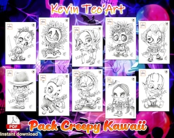 Pack Creepy Kawaii / Kevin TeoArt / Page de coloriage / Grayscale Illustration