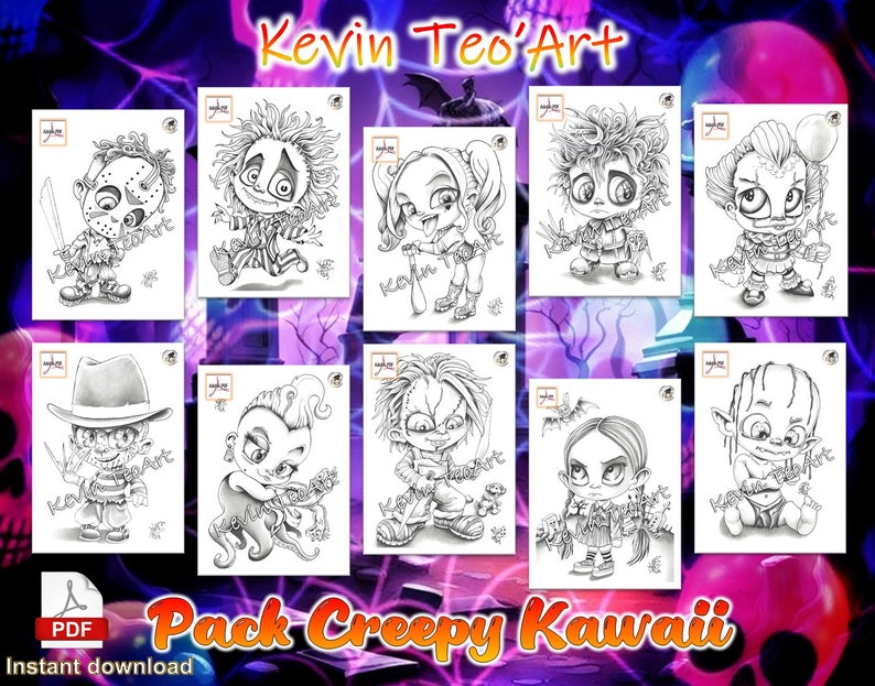 Pack Creepy Kawaii / Kevin TeoArt / Page de coloriage / Grayscale Illustration image 1