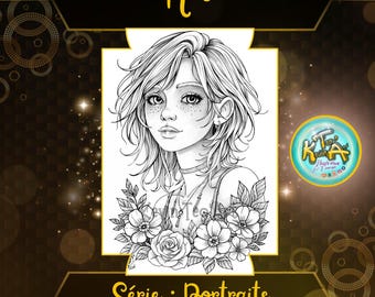 May include: Black and white illustration of a woman named Nola with long wavy hair, freckles, and floral accents. The image is labeled "Série: Portraits" and "Instant Download". A small Etsy logo is in the bottom left corner.