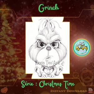 Peut inclure: Illustration en noir et blanc du Grinch de la série Christmas Time. Le Grinch affiche une expression renfrognée, avec le texte "Grinch" au-dessus de l'image. L'image comprend également le texte "Série: Christmas Time" et "INSTANT DOWNLOAD".