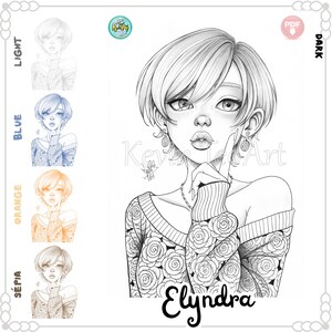 May include: Black and white line art of a young person with short hair, wearing a sweater with a rose pattern. The image includes the name "Elyndra" and color variations: light, blue, orange, and sepia. A PDF icon is visible.