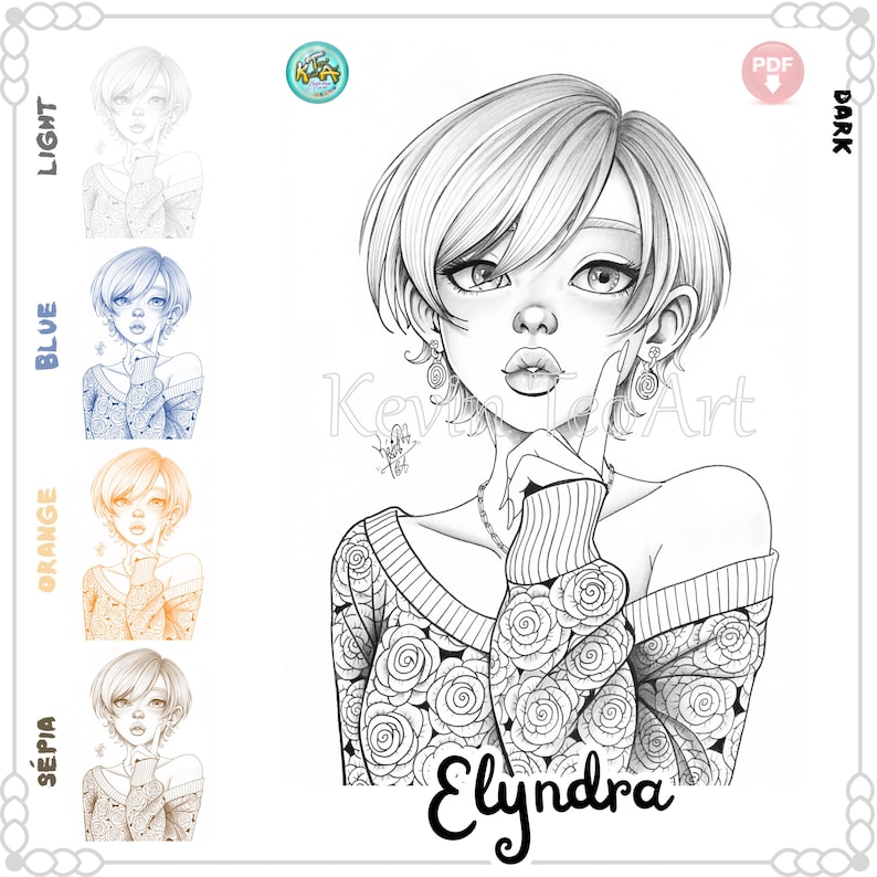 May include: Black and white line art of a young person with short hair, wearing a sweater with a rose pattern. The image includes the name "Elyndra" and color variations: light, blue, orange, and sepia. A PDF icon is visible.