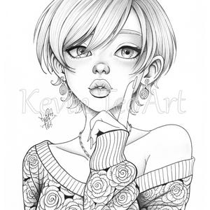 May include: Black and white line art illustration of a person with short hair, wearing a sweater with a rose pattern. The person is holding a finger up to their lips. The image includes the text "Kevin Lee Art" and a PDF icon.