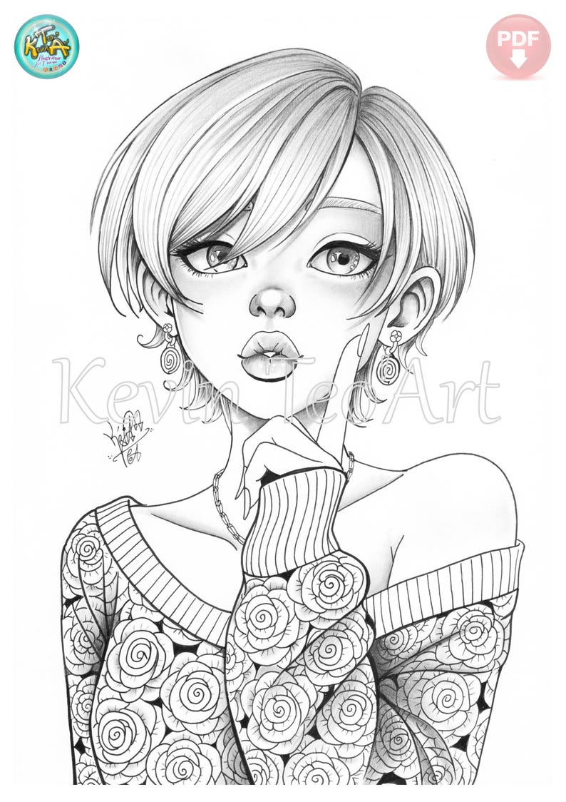 May include: Black and white line art illustration of a person with short hair, wearing a sweater with a rose pattern. The person is holding a finger up to their lips. The image includes the text "Kevin Lee Art" and a PDF icon.