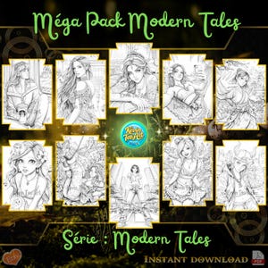Peut inclure: Téléchargement numérique d'illustrations en noir et blanc représentant des femmes dans des environnements modernes. Le texte "Méga Pack Modern Tales" et "Série: Modern Tales" est affiché. Le logo Etsy et "Instant Download" sont également visibles. Illustrations de Kevin Teo Art.