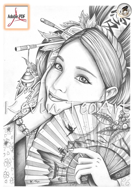 鉛筆画「One Japanese woman」　B5大サイズ Japanese Girls Pack - Etsy Norway
