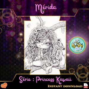 May include: Black and white line art illustration of Merida from the movie Brave, with two koala bears. The illustration is titled "Merida" and "Série : Princess Kawaii" with the text "INSTANT DOWNLOAD" below.