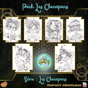 Puede incluir: Un conjunto de cinco páginas para colorear en blanco y negro con personajes caprichosos de ojos grandes y expresiones expresivas. Los personajes están etiquetados como "Pack Les Chenapans" y "Série : Les Chenapans".