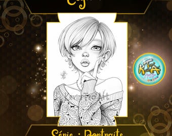 May include: Black and white digital illustration of a woman with short hair, wearing a sweater with a rose pattern. The artwork is titled "Elyndra" and part of the "Portraits" series, available as an instant download.