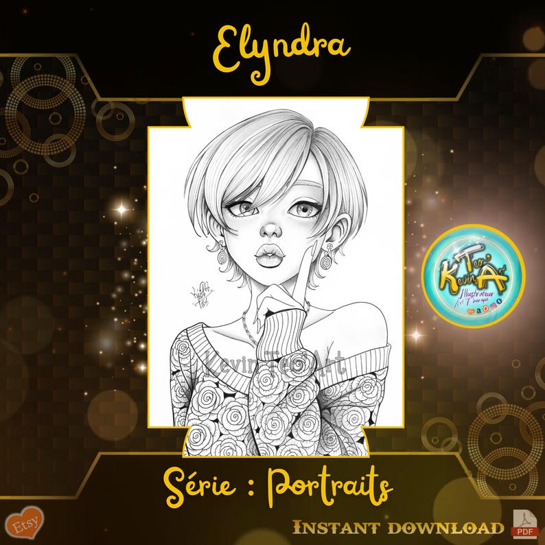 May include: Black and white digital illustration of a woman with short hair, wearing a sweater with a rose pattern. The artwork is titled "Elyndra" and part of the "Portraits" series, available as an instant download.