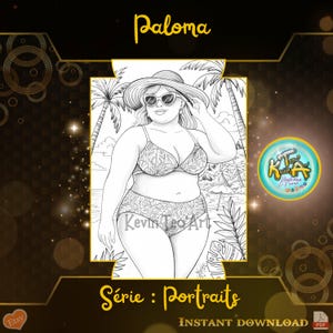 May include: Monochrome illustration of a woman in swimwear, sunglasses, and a sun hat, set against a beach backdrop with palm trees. The image is titled "Paloma" and "Série: Portraits", with "Instant Download" text.