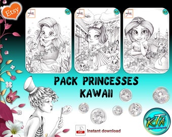 Kawaii Princesses Pack 1 / Kevin TeoArt / Coloring page / Grayscale Illustration