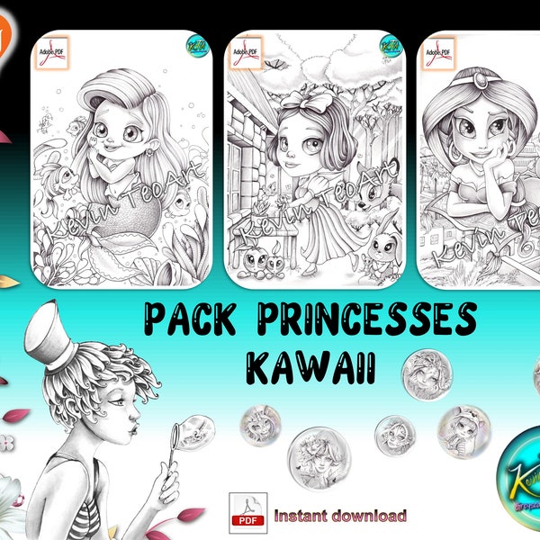 Kawaii Princesses Pack 1 / Kevin TeoArt / Coloring page / Grayscale Illustration