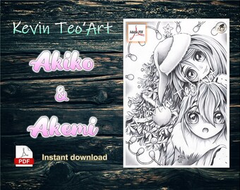 Akiko und Akemi / Kevin TeoArt / Malseite / Graustufen-Illustration / Malseite / Druckbare Datei herunterladen (PDF)