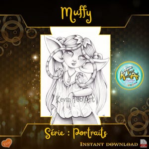 Può includere: Un'illustrazione digitale in bianco e nero di un personaggio fantasioso chiamato "Muffy" con grandi orecchie, una lunga criniera fluente e un'espressione fantasiosa. L'illustrazione è etichettata "Série : Portraits" ed è disponibile per il download immediato.
