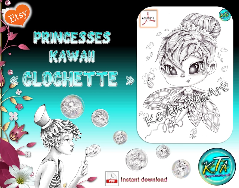 Kawaii Princesses Pack 2 / Kevin TeoArt / Coloring page / Grayscale Illustration image 4