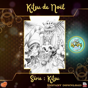 May include: Black and white illustration featuring cartoon characters in a winter scene. The image includes the text "Kitsu de Noël" and "Série: Kitsu". A logo with the text "K T A Kevin A Illustrateur" is also present.