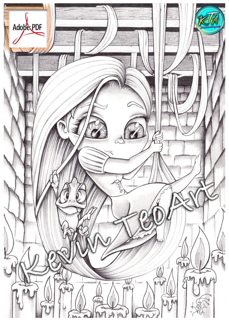 Kawaii Princesses Pack 2 / Kevin TeoArt / Coloring page / Grayscale Illustration image 7