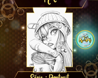 May include: A black and white digital illustration of a woman with long hair wearing a colander on her head. She is holding a bowl and a whisk. The image is titled "Nati" and "Série : Portrait".