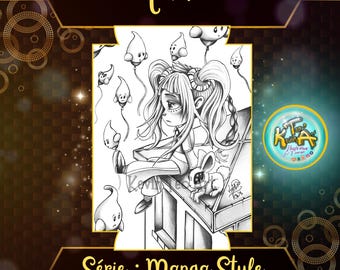 May include: Black and white manga-style illustration featuring a girl with pigtails, a rabbit, and floating balloon-like figures. The image includes the text "Tarika" and "Série: Manga Style". A digital download is available.