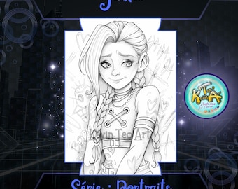 May include: Black and white illustration of a female character with long braided hair, wearing a top with heart designs. The image includes the text "Jinxie" and "Série: Portraits". A logo with the text "K Teo Illustrateur" is also present.