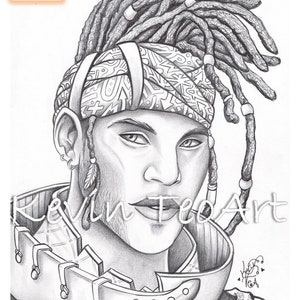 May include: A detailed pencil drawing of a person with dreadlocks, wearing a patterned headband and a decorative collar. The artwork includes the text "Kevin Tee Art".
