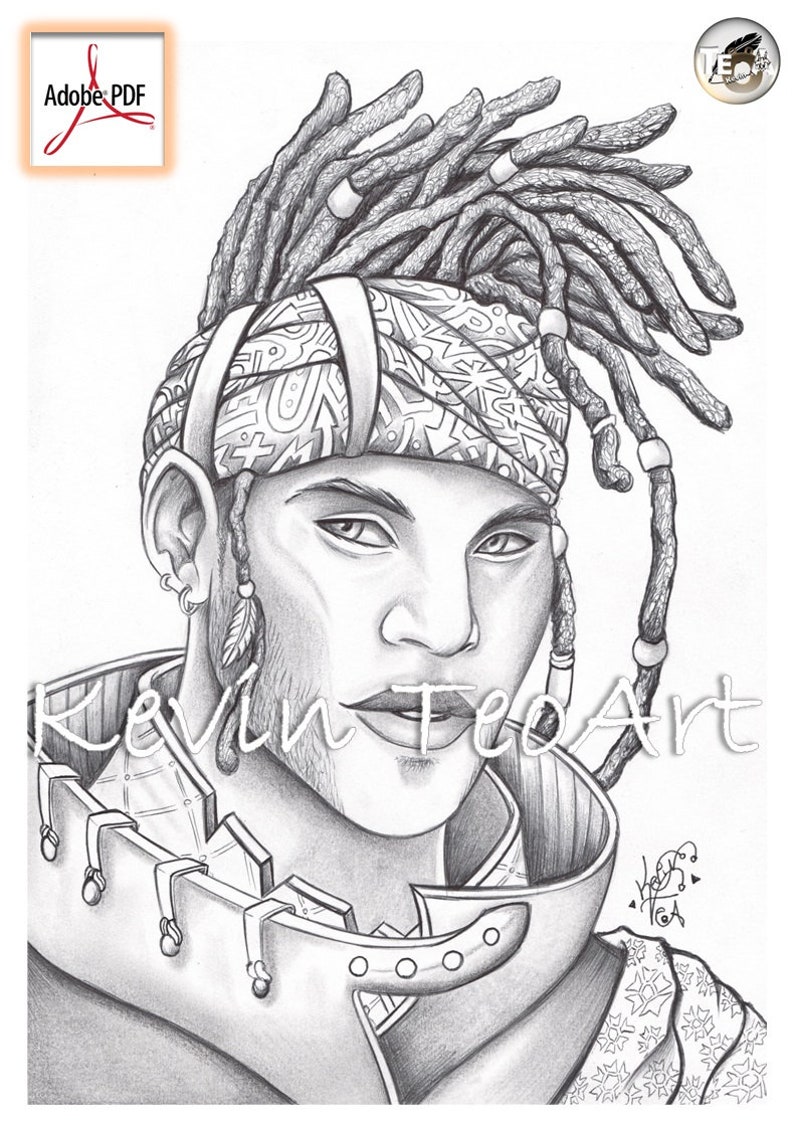 May include: A detailed pencil drawing of a person with dreadlocks, wearing a patterned headband and a decorative collar. The artwork includes the text "Kevin Tee Art".