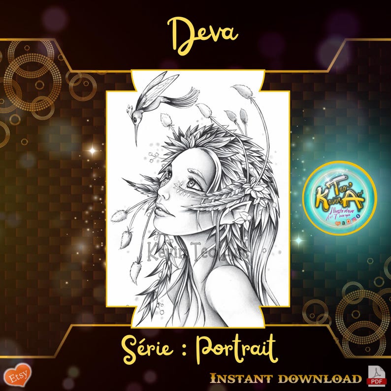 May include: A black and white line drawing of a woman with a hummingbird and flowers in her hair. The title "Deva" is at the top of the image and the text "S&eacute;rie : Portrait" is at the bottom of the image.