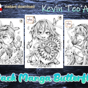 Manga Butterfly Pack / Kevin TeoArt / Coloring Page / Grayscale Illustration / Coloring Page / Download Printable File (PDF)