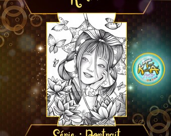 May include: Black and white line art drawing of a woman with long hair, wearing a traditional Japanese kimono and surrounded by lotus flowers and butterflies. The title "Kimura" is written at the top of the image and "Série : Portrait" is written at the bottom.