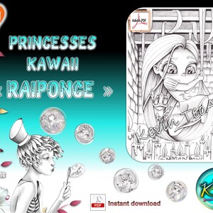 Kawaii Princesses Pack 2 / Kevin TeoArt / Coloring page / Grayscale Illustration image 6