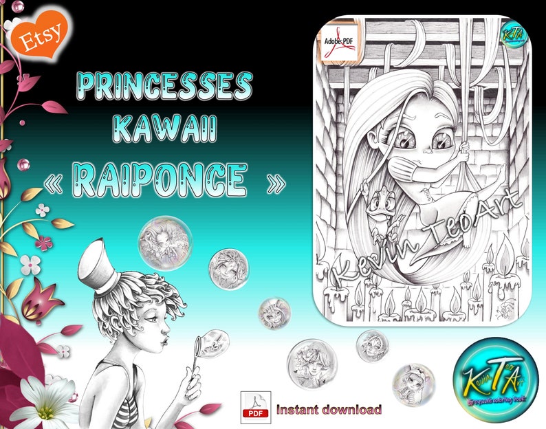 Kawaii Princesses Pack 2 / Kevin TeoArt / Coloring page / Grayscale Illustration image 6