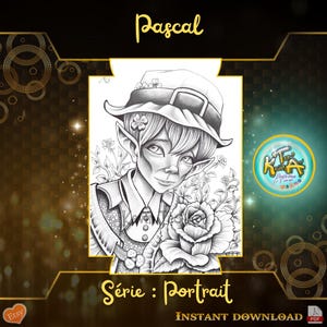 Peut inclure: Dessin au trait en noir et blanc d'un personnage nommé Pascal. Pascal est un elfe aux oreilles pointues, portant un chapeau avec un motif de trèfle et tenant une rose. Le dessin est intitulé "Série : Portrait".
