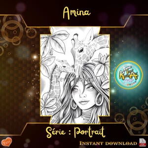 Peut inclure: Une illustration numérique en noir et blanc d'une femme aux cheveux longs, portant un collier, et deux girafes. La femme regarde le spectateur. Le texte "Amina" est en haut de l'image. Le texte "Série : Portrait" est en bas de l'image.