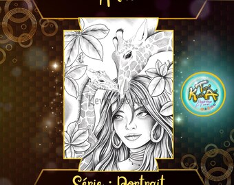 May include: A black and white digital illustration of a woman with long hair, wearing a necklace, and two giraffes. The woman is looking at the viewer. The text "Amina" is at the top of the image. The text "Série : Portrait" is at the bottom of the image.