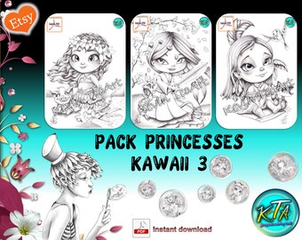 Pack Princesses Kawaii 3 / Kevin TeoArt / Page de coloriage / Grayscale Illustration