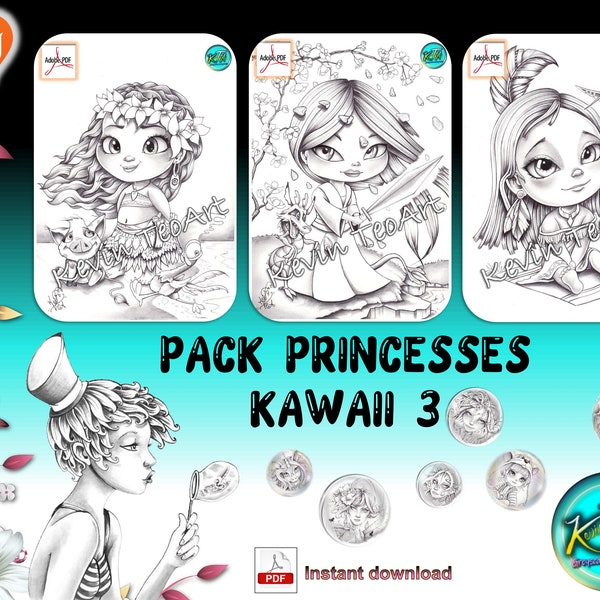 Pack Princesses Kawaii 3 / Kevin TeoArt / Page de coloriage / Grayscale Illustration