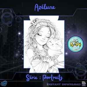 Pode incluir: Ilustração em preto e branco de uma menina com cabelo comprido, adornada com uma coroa de flores e joias, abraçando um gato sorridente. O texto "Azélune" e "Série : Portraits" estão incluídos. Um logotipo é visível.
