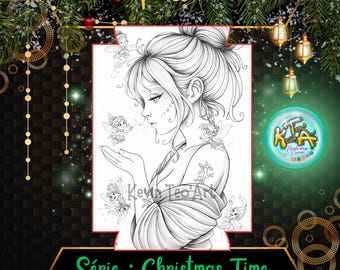 May include: Black and white illustration of a woman with fairies, from the "Christmas Time" series. The image features a woman with her hair up, surrounded by small fairies. The word "Pollen" is at the top, and "Instant Download" is at the bottom.