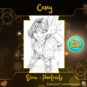 Può includere: Illustrazione in bianco e nero di una persona che fa l'occhiolino e saluta, intitolata "Casey". L'opera fa parte della serie "Ritratti", con la firma e il logo dell'artista. Disponibile per il download immediato.