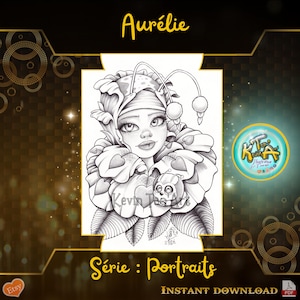 Könnte beinhalten: Eine Schwarzweiß-Zeichnung einer jungen Frau mit einer Blumenkrone und einem kleinen Tier. Die Frau trägt eine Narrenmütze und einen Kragen. Der Text "Aurélie" befindet sich oben im Bild und "Série : Portraits" unten.