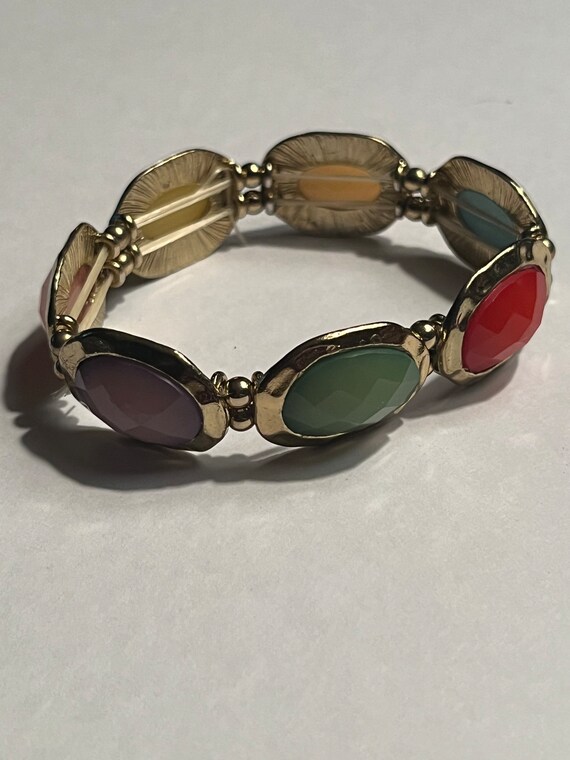 Vintage Gold Tone Stretch Colorful Stone Bracelet