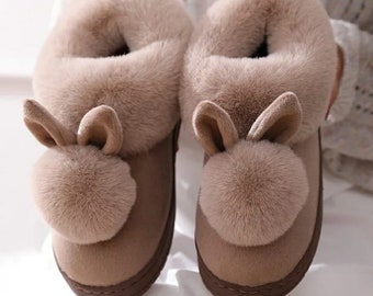Kids Winter Rabbit Fur Slippers Cute Rex Girls Home Shoes Warm Cotton Slippers