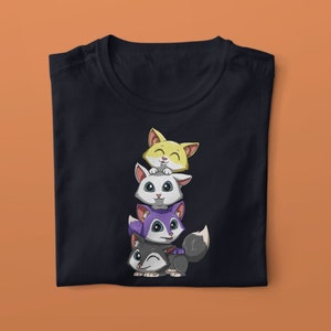 May include: A black t-shirt with a graphic of four cartoon cats stacked on top of each other. The cats are different colors: yellow, white, purple, and gray.