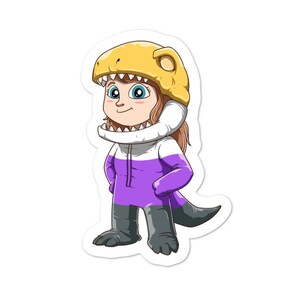 Peut inclure: Une illustration de dessin animé d'une personne portant un costume de dinosaure violet et blanc avec une tête jaune. La personne sourit et a les cheveux bruns.